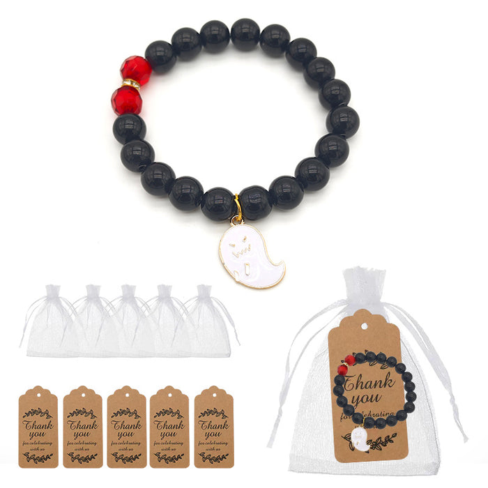 Black Bead Ghost Charm Stretch Bracelet Red Accents