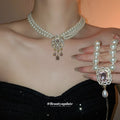 Layered Pearl Choker Necklace with Ornate Pink Crystal Pendant view 1