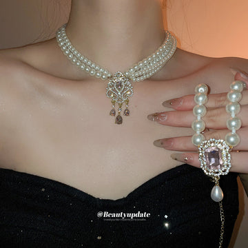 Layered Pearl Choker Necklace with Ornate Pink Crystal Pendant