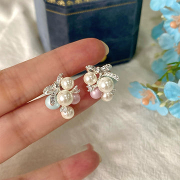 Bow and Pastel Pearl Cluster Stud Earrings with Metal Settings
