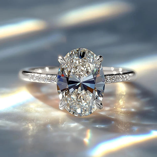 Front view of the silver-tone oval solitaire ring