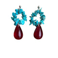 Turquoise Blue Flower and Red Teardrop Dangle Earrings view 5