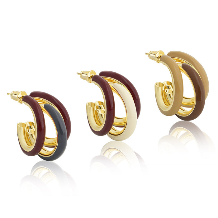 Triple Hoop Stud Earrings with Glossy Two Tone Color Accents