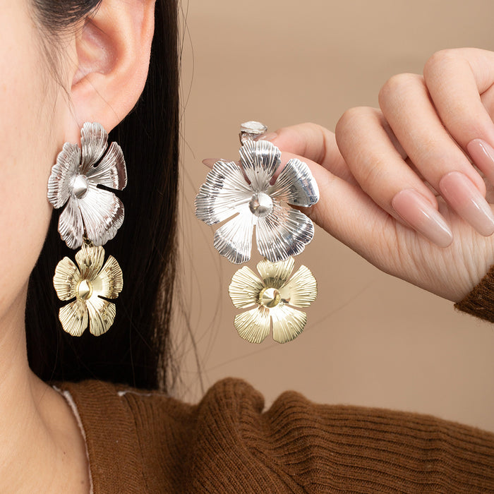 Two Tone Textured Double Flower Long Stud Earrings
