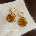 Gold Tone Amber Resin Drop Earrings Hammered Disc Posts view 3