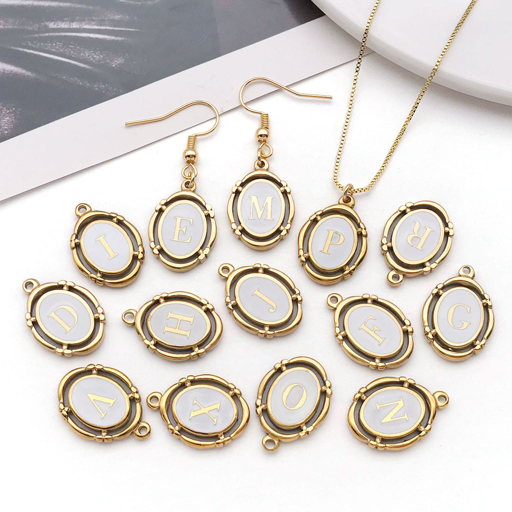 White Enamel Stainless Steel Oval Alphabet Letter Charm Pendant for DIY Necklace Keychain