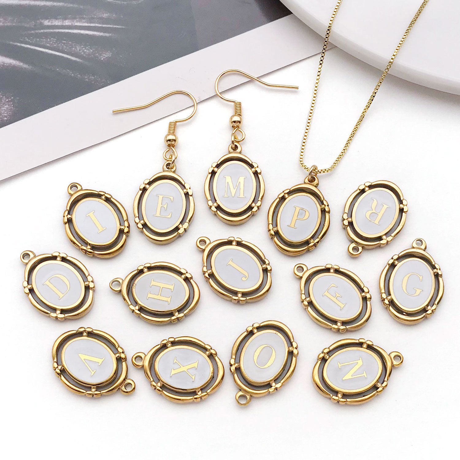 White Enamel Stainless Steel Oval Alphabet Letter Charm Pendant for DIY Necklace Keychain