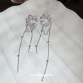 Silver Tone Crystal Crescent Pearl Chain Tassel Clip Earrings view 4