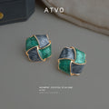 Green Gray Marbled Geometric Enamel Square Stud Earrings view 3