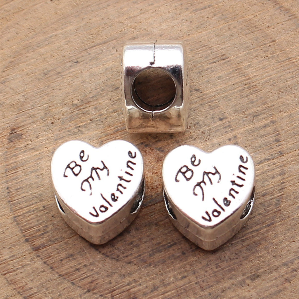 10x10x7.6mm 2.5g Antique Silver Zinc Alloy Be My Valentine Heart Large Hole Beads for DIY Bracelet Making