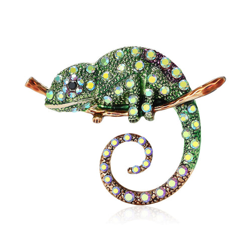 Green crystal enamel chameleon brooch front on white