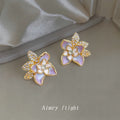 Gold Iridescent Purple Enamel Flower Crystal Leaf Studs view 6