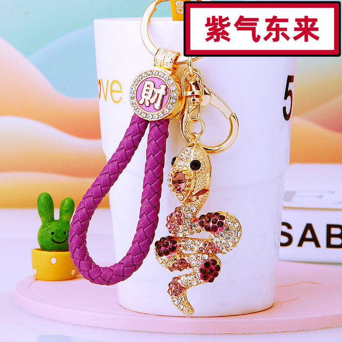 Jeweled Gem Snake Keychains with Fortune Cords and Loose Heart Loops
