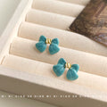 Turquoise Enamel Bow Stud Earrings Gold Center Knot Pair view 3