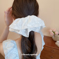 White Eyelet Embroidered Fabric Oversized Bow Ponytail Scrunchie view 3