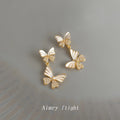 Gold Dual Butterfly Drop Earrings White Enamel Zircon view 3