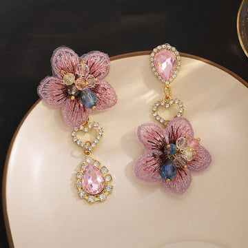 Mismatched Pink Embroidered Flower Crystal Look Earrings