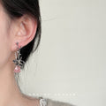 Silver Tone Rose Stem Drop Earrings Pink Translucent Flower view 2