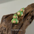 Green Enamel Gourd Stud Earrings Gold Flower Accents view 4
