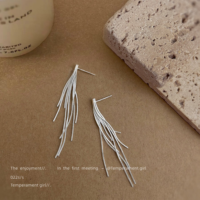 Silver Multi-Strand Textured Long Tassel Drop Earrings