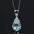 Silver Tone Sea Blue Faceted Oval CZ Pendant Necklace view 1