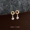 Gold Round Stud Pearl Drop Earrings Brown Center Stone view 4