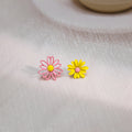 Mismatched Pink Outline and Yellow Daisy Small Stud Earrings view 4