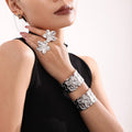 Floral Open Cuff Bracelet Gold Or Steel Tone Metal Band view 2