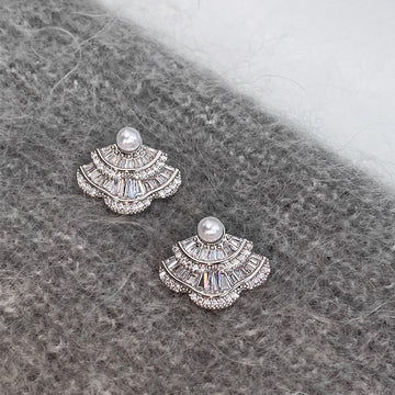 Silver Fan Crystal Stud Earrings With Small Pearl Centers