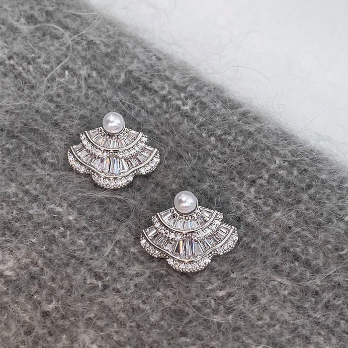 Silver Fan Crystal Stud Earrings With Small Pearl Centers