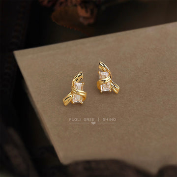 Gold-Tone Ribbon Wrap Clear Crystal Baguette Stud Earrings