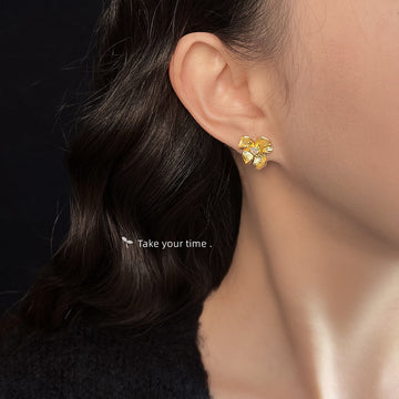 Gold Four Petal Flower Earrings Crystal Center Stud Clip