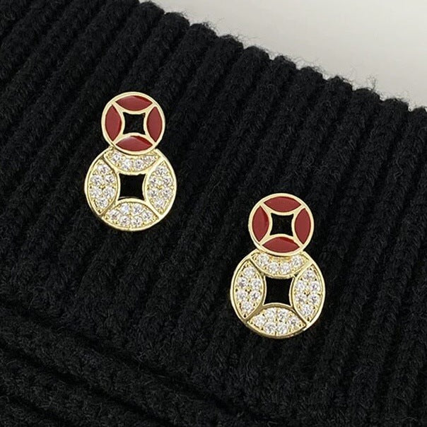 Gold Tone Red Enamel Circle Crystal Stud Earrings Metal Tone Jewelry