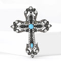 Antique Tone Cross Brooch with Turquoise Blue Cabochons view 1