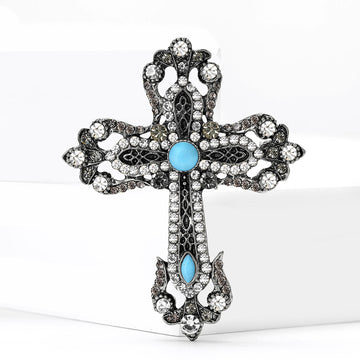 Antique Tone Cross Brooch with Turquoise Blue Cabochons