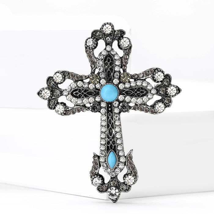 Antique Tone Cross Brooch with Turquoise Blue Cabochons