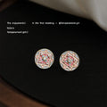 Gold Tone Pink Green Patterned Round Medallion Stud Earrings view 6