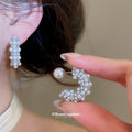 Silver Tone Pearl Look Crescent Stud Earrings with Beaded Texture view 2