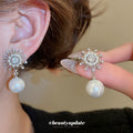Crystal Flower and Pearl Drop Stud Earrings in Two Colors view 3