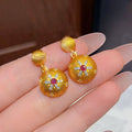 Gold Tone Textured Disc Drop Earrings With Multicolor Floral Centers view 3