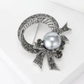 Silver Tone Rhinestone Bow Brooch Grey Pearl Ribbon Pin view 2