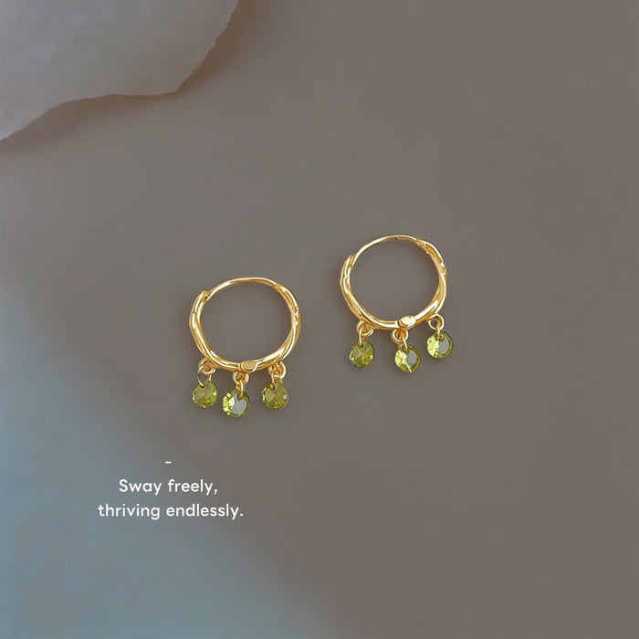 Gold Tone Textured Hoop And Three Green Stone Drop Earrings