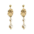 Gold Tone Radiating Oval Medallion Double Pearl Drop Earrings view 5