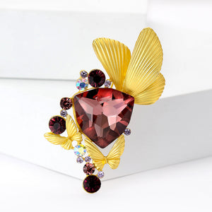 Matte Gold-Tone Alloy Butterfly Brooch with Large Dark Red Stone