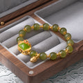 Green Round Bead Bracelet Gold Tone Lotus Center Charm view 3