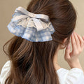 Blue Gingham Lace Ruffle Satin Bow Spring Hair Clip view 3