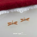 Gold Mini Wine Red Enamel Bow Stud Earrings Blue Accent view 3