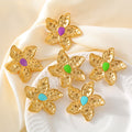 Gold Hammered Flower Stud Earrings Purple Blue Green Enamel view 4