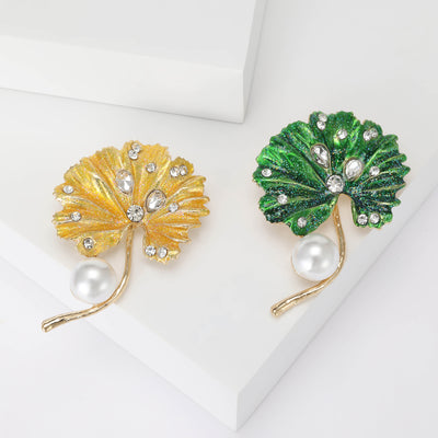 Enamel Fan Leaf Brooch with Pearl-look Drop group view