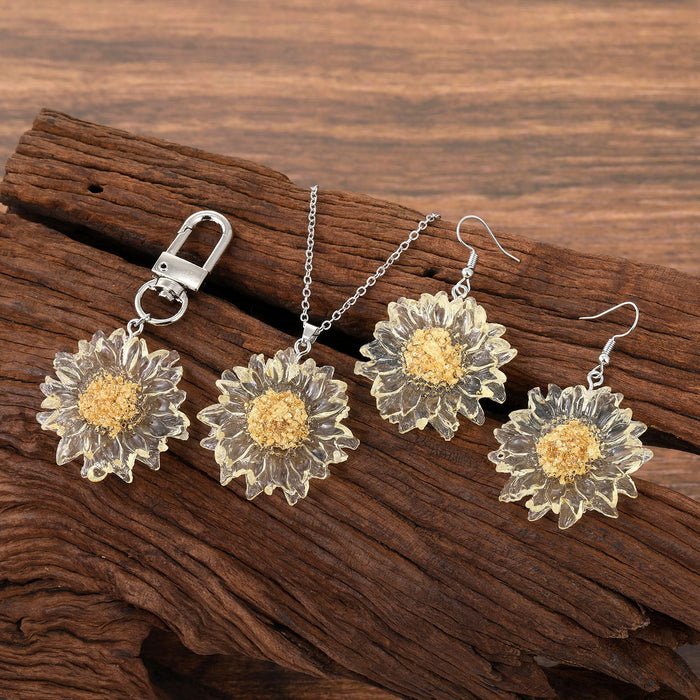 Silver Tone Clear Daisy Pendant Earrings Necklace and Clip Keychain